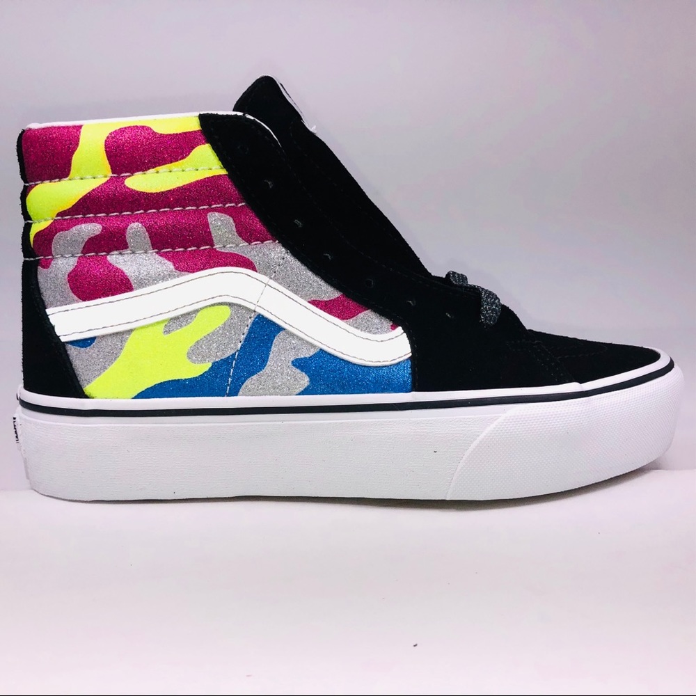 VANS SK8 HI Platform 2 Shoe Womens After Dark Glitter Camo True White Sneakers